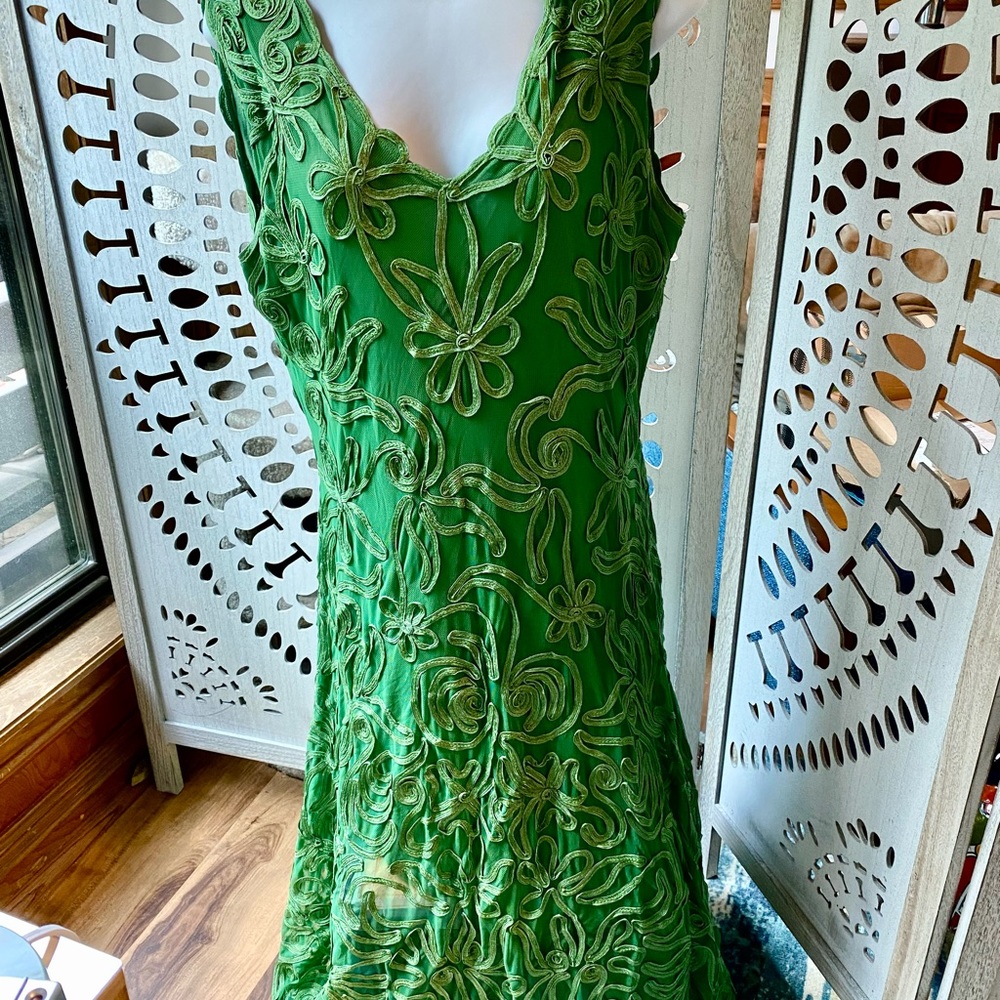 Phase 8 Embroidered Crewel Green Dress sz UK 18 US 14